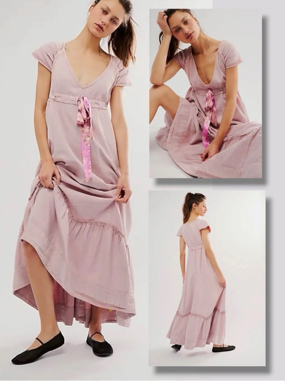 Free People Roucha Denim Maxi Dress Pink Pale Mauve Retro 70s Dainty Medium